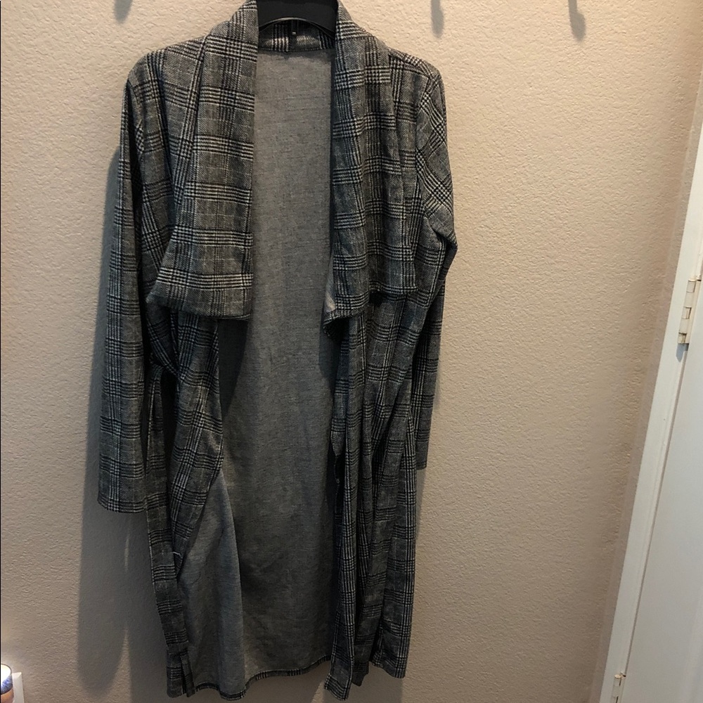 Gray Plaid Open Front Duster Cardigan